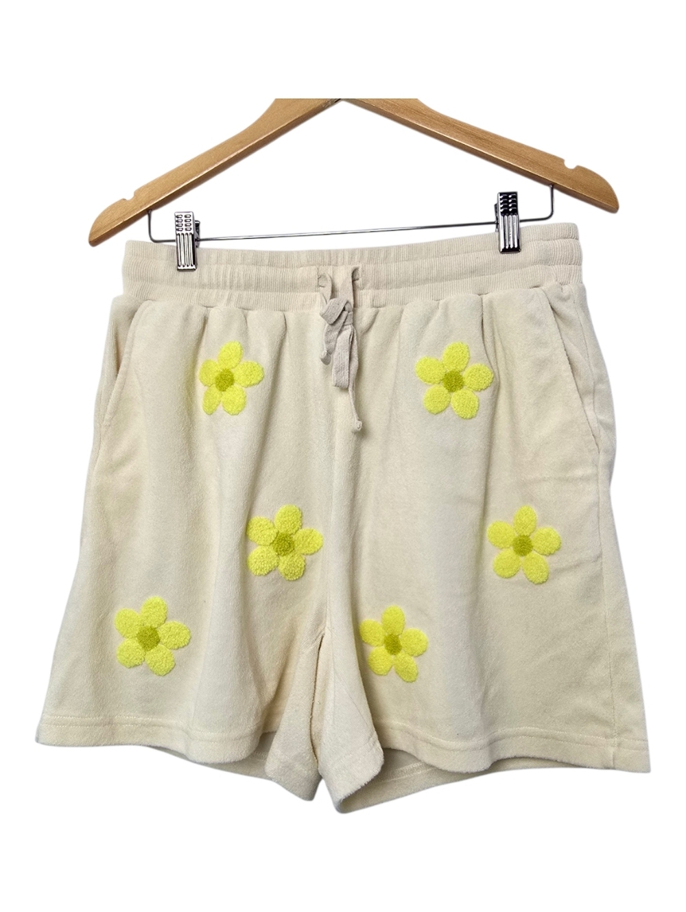 Current Air Cream 3D Floral Terry Shorts Sz L Daffodil Applique Cottagecore
